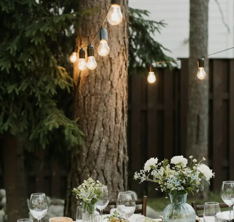 lights in a yard over a gathering table