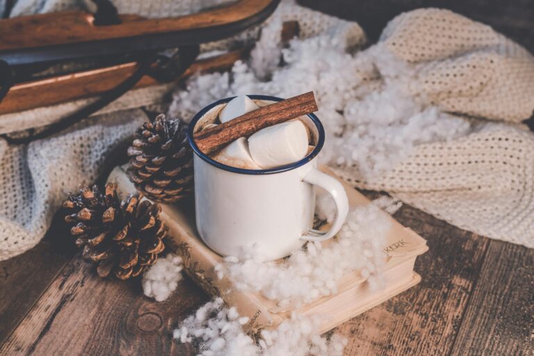 A cozy winter scene with hot chocolate, cinnamon, and marshmallows by a rustic sled and pine cones.