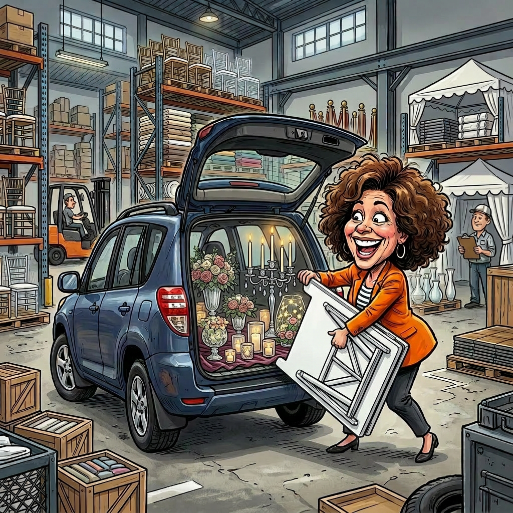 Client loading a folding table into the back of a blue SUV inside a warehouse full of event rentals for a will-call pick up
